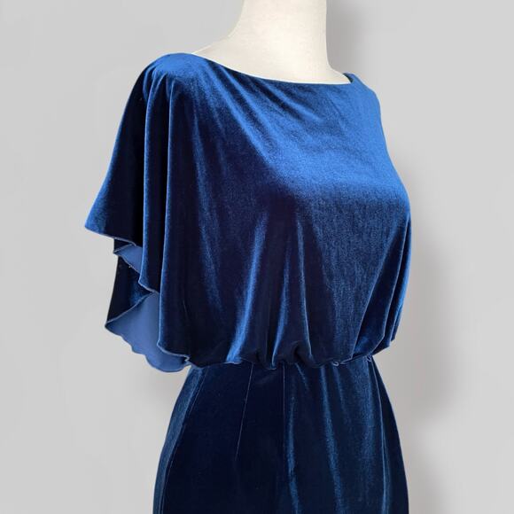 Blue Velvet Open Back Mini Dress Sz 6 Dolman Sleeve Hollywood Glam Cocktail - Picture 4 of 10